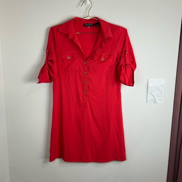 Speed Control Coral Shirt Dress Small Button Front Tab Sleeve Casual Tunic Style - Picture 1 of 12